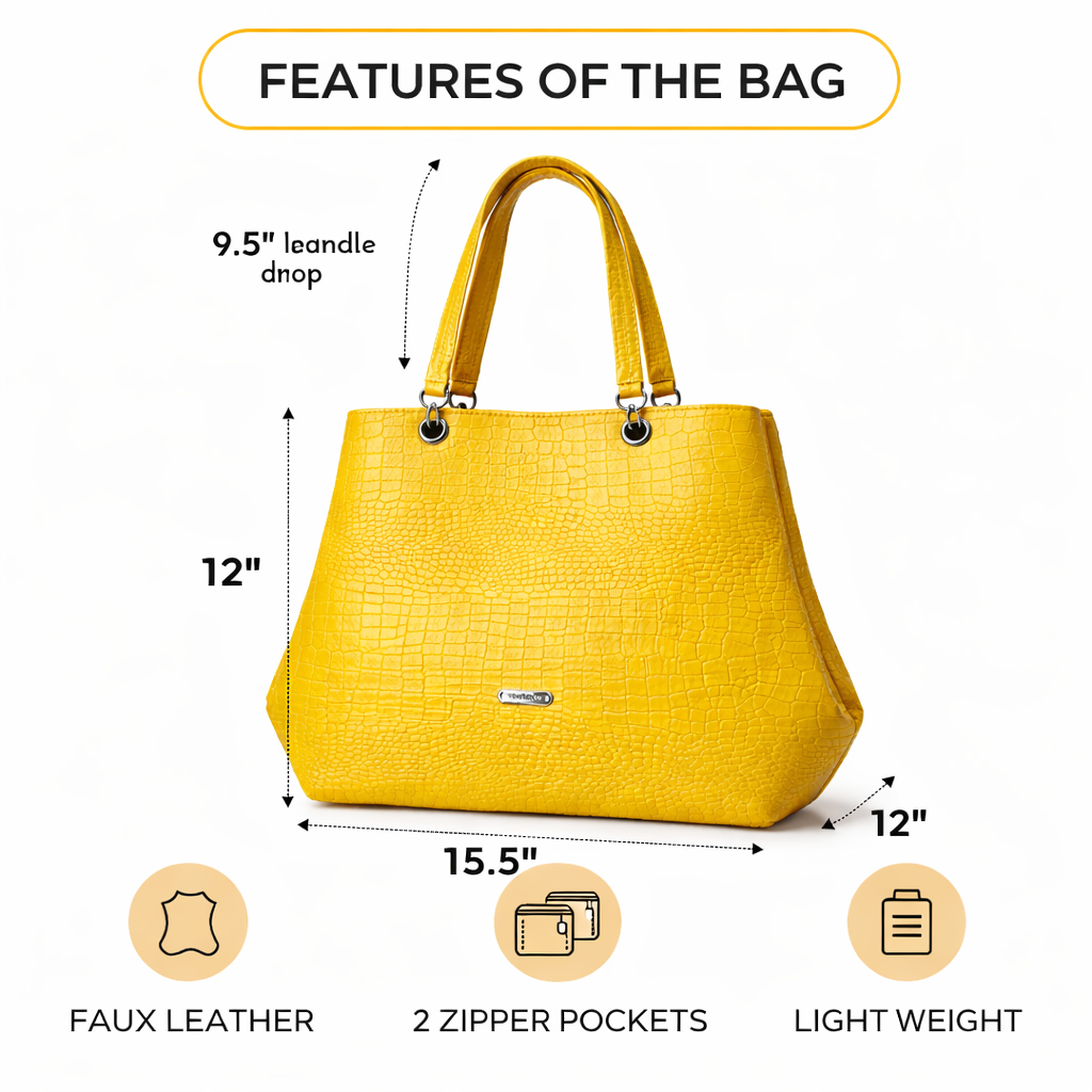 Yellow Croc-Textured Tote Handbag | Women’s Fashion Shoulder Bag