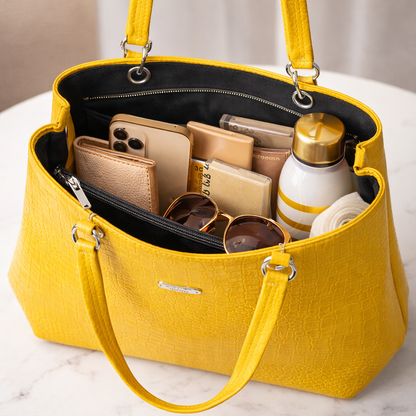 Yellow Croc-Textured Tote Handbag | Women’s Fashion Shoulder Bag
