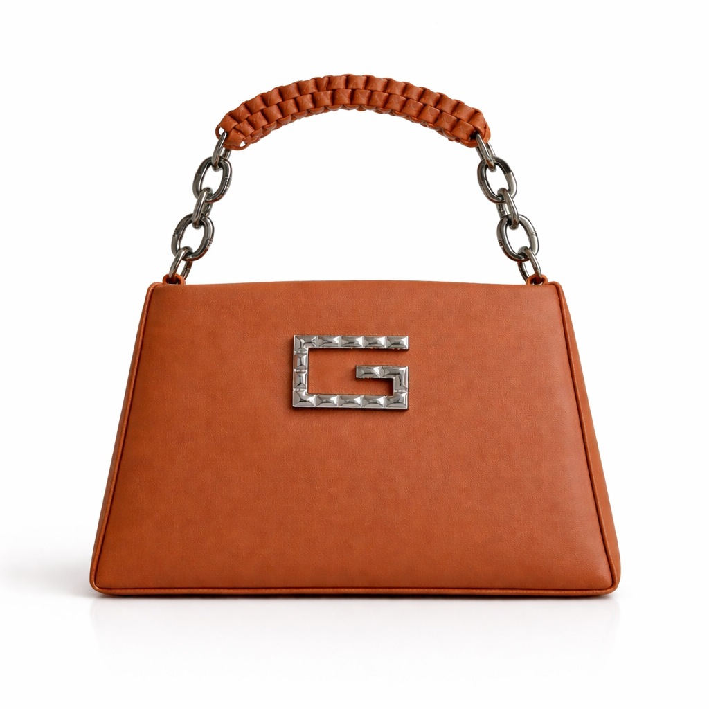 Women’s Structured Faux Leather Top Handle Handbag – Elegant Chain Strap Shoulder Purse with Metal Accent, Brown