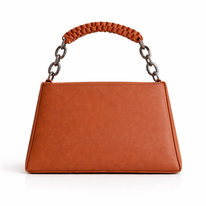Women’s Structured Faux Leather Top Handle Handbag – Elegant Chain Strap Shoulder Purse with Metal Accent, Brown