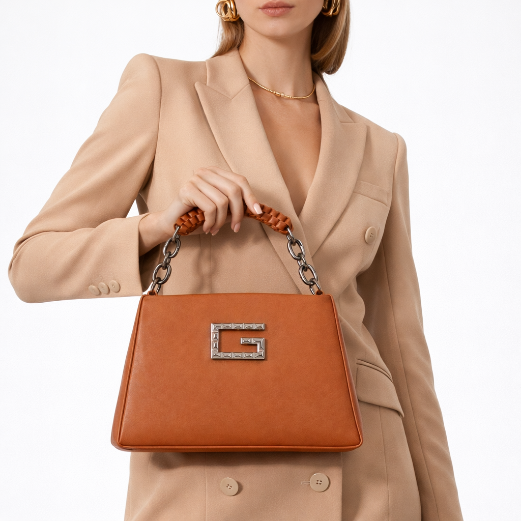 Women’s Structured Faux Leather Top Handle Handbag – Elegant Chain Strap Shoulder Purse with Metal Accent, Brown