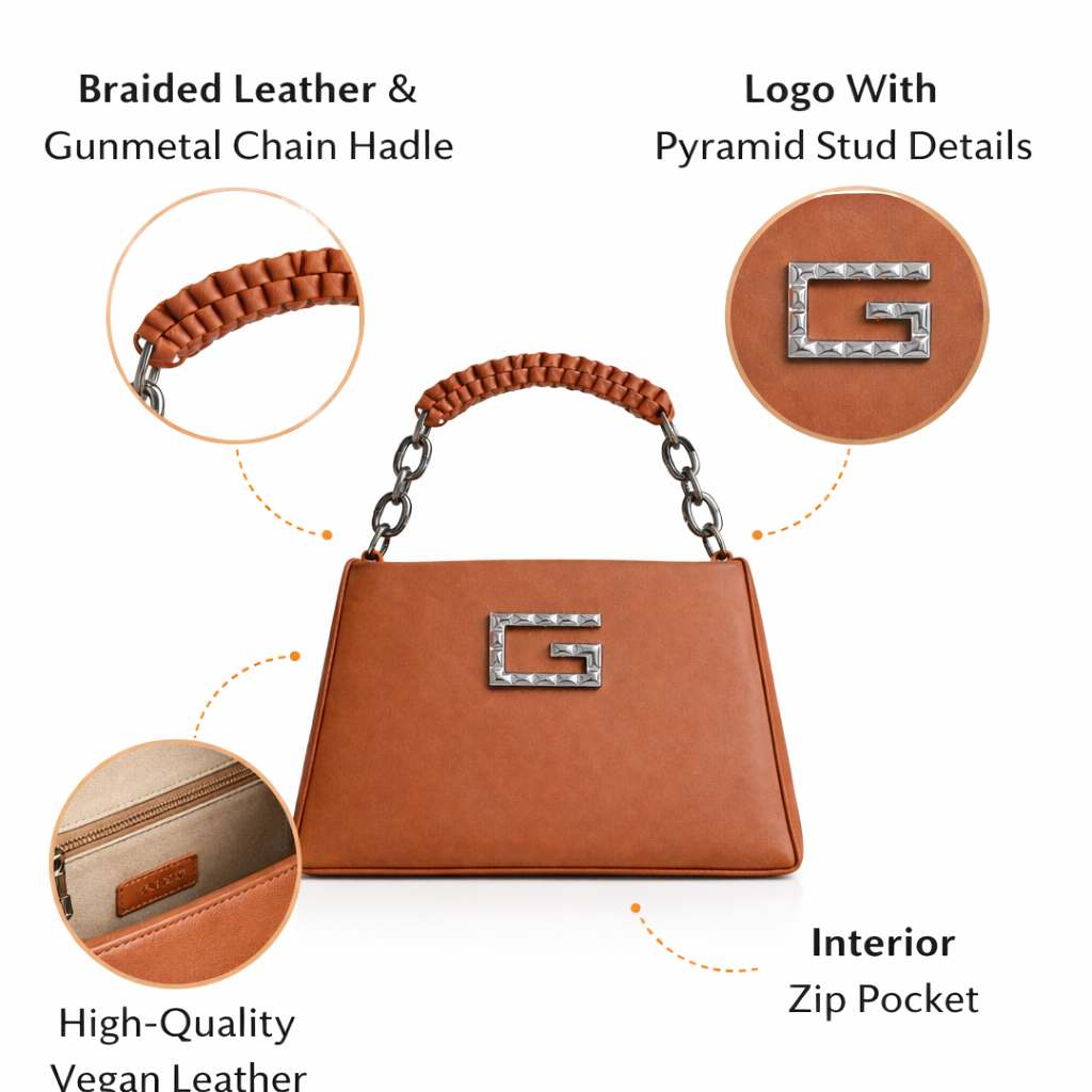 Women’s Structured Faux Leather Top Handle Handbag – Elegant Chain Strap Shoulder Purse with Metal Accent, Brown