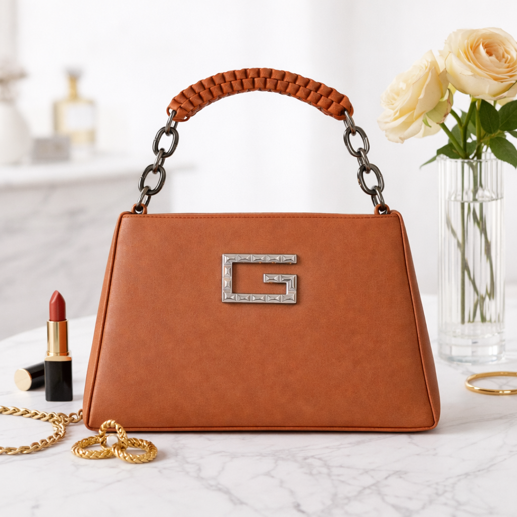 Women’s Structured Faux Leather Top Handle Handbag – Elegant Chain Strap Shoulder Purse with Metal Accent, Brown