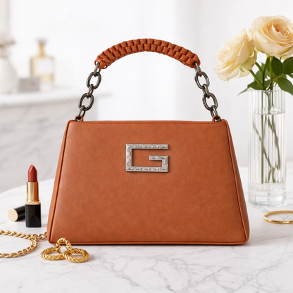 Women’s Structured Faux Leather Top Handle Handbag – Elegant Chain Strap Shoulder Purse with Metal Accent, Brown