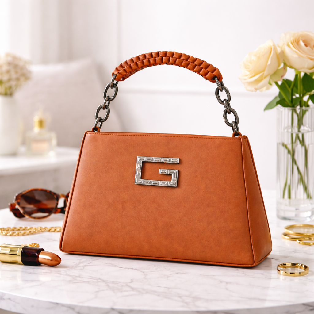Women’s Structured Faux Leather Top Handle Handbag – Elegant Chain Strap Shoulder Purse with Metal Accent, Brown