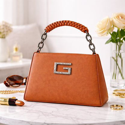 Women’s Structured Faux Leather Top Handle Handbag – Elegant Chain Strap Shoulder Purse with Metal Accent, Brown